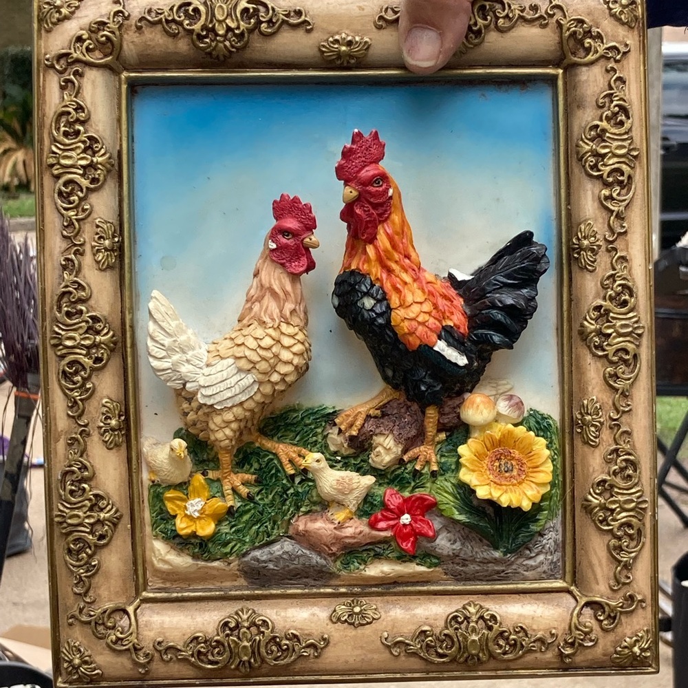 Beautiful painting with a rooster and his mate the beautiful hen